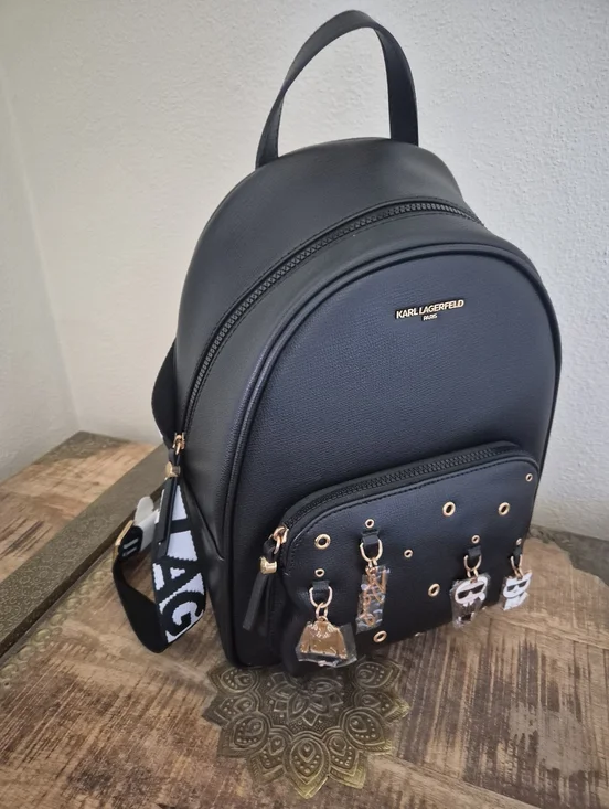 Karl Lagerfeld Paris Black  Backpack with Logo Straps and Charm Accents - Picture 8 of 16